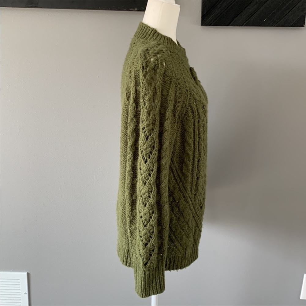 J. Crew Cable Knit Pointelle Alpaca Wool Blend Sweater Popcorn Flowers Green - Picture 7 of 10